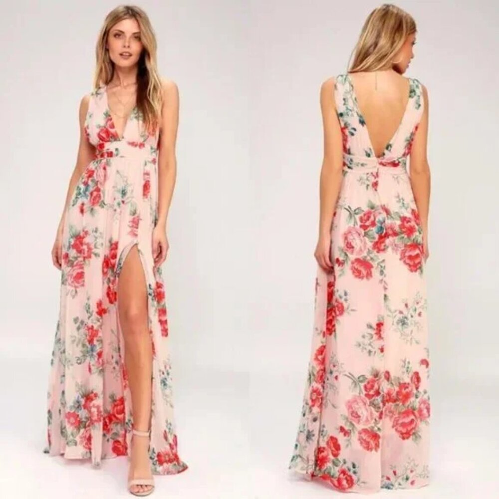 Lulu's Garden Meandering Blush Floral Print Maxi Dress S - Picture 2 of 10